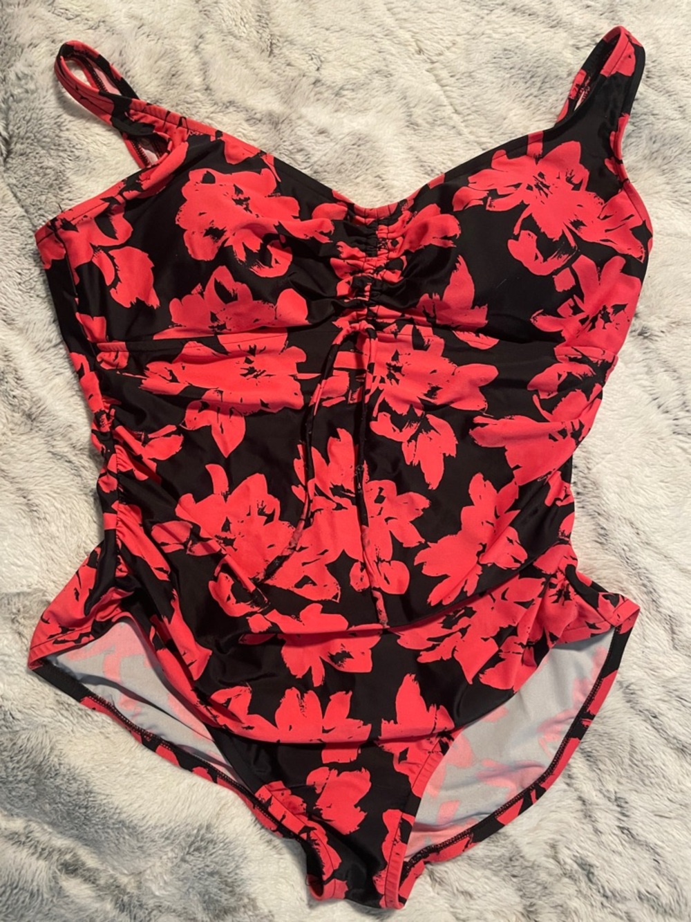 Black One-Piece Swimsuit with Red Floral Print XL Beach Summer Pool